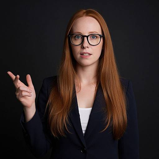 Photograph of a fair-skinned, red-haired woman with glasses, wearing a black blazer over a white top, gesturing with her right hand