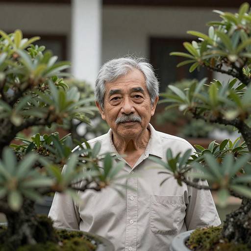 Elderly Man Among Lush Bonsai