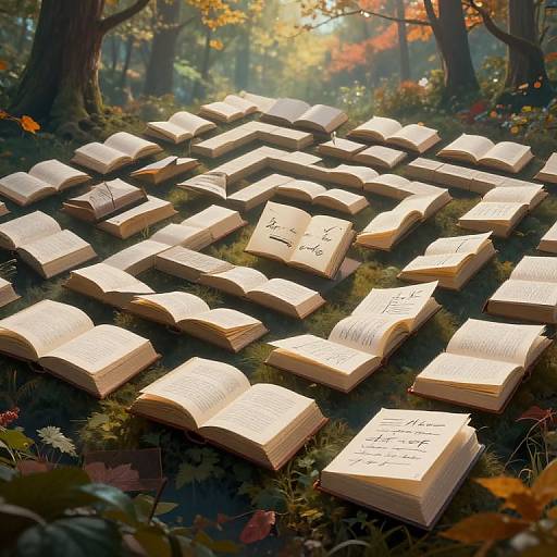 Digital art of glowing open books scattered on forest floor, with sunlight filtering through autumn leaves, writing visible on pages.