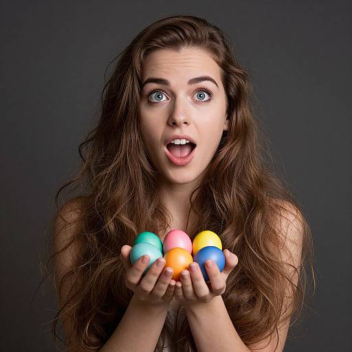 Photograph of a surprised young woman with long brown hair holding colorful Easter eggs against a dark background, eyes wide, mouth open.