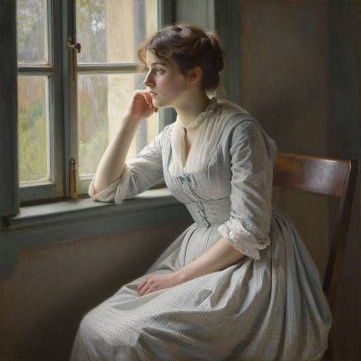Photograph of a pensive woman in a white, Victorian-style dress, sitting by a sunlit window, gazing outside, with soft light illumin