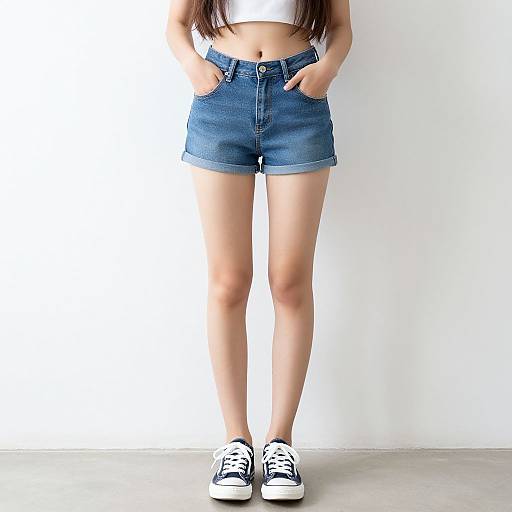 Photograph of a woman with long brown hair, wearing a white crop top, blue denim shorts, and navy sneakers, standing against a white wall.