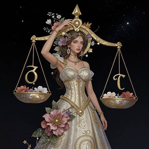 Digital artwork of a fair-skinned, dark-haired woman in a gold and white ornate dress, holding a balanced scale with flower-filled bowls, against