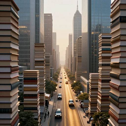 Photograph of a city street at sunset, flanked by tall buildings stacked with books, cars driving, and pedestrians walking.