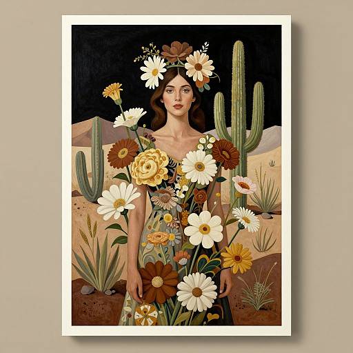 Digital artwork of a woman with dark hair, wearing a floral dress adorned with various flowers, standing in a desert with cacti, against a dark
