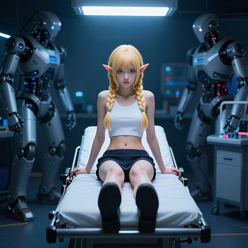 CGI image: Blonde elf girl in white crop top, black shorts, sitting on medical bed in futuristic lab, flanked by two robotic guards.