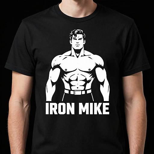 Photograph of a man wearing a black Iron Mike t-shirt with a white, stylized, muscular, shirtless cartoon figure and bold 