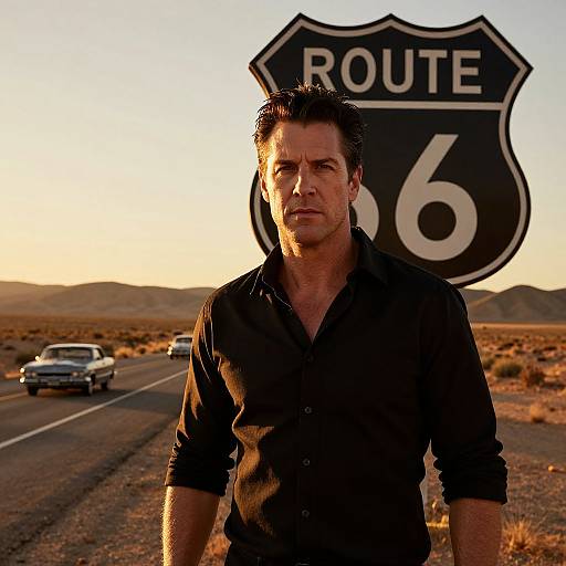 Photograph of a serious, dark-haired man in a black button-up shirt standing in front of a Route 66 sign at sunset, with a desert