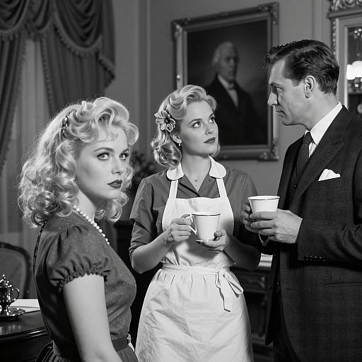 Vintage black-and-white portrait of three people in elegant attire