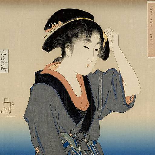 Traditional Japanese woodblock print of a woman adjusting her black hairpin, wearing a navy kimono with red inner garment, against a gradient background.