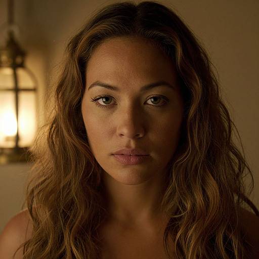 Close-up photograph of a serious young woman with wavy brown hair, light skin, and brown eyes, illuminated by a warm, out-of-focus lantern