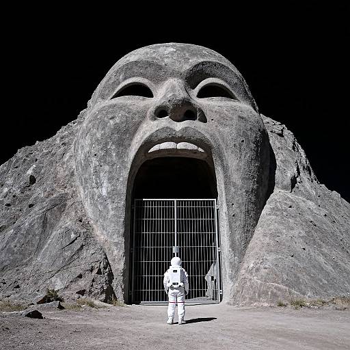 Photograph of a massive stone Moai head with a large, open-mouthed grin, dark background, and two white-clad visitors in front of