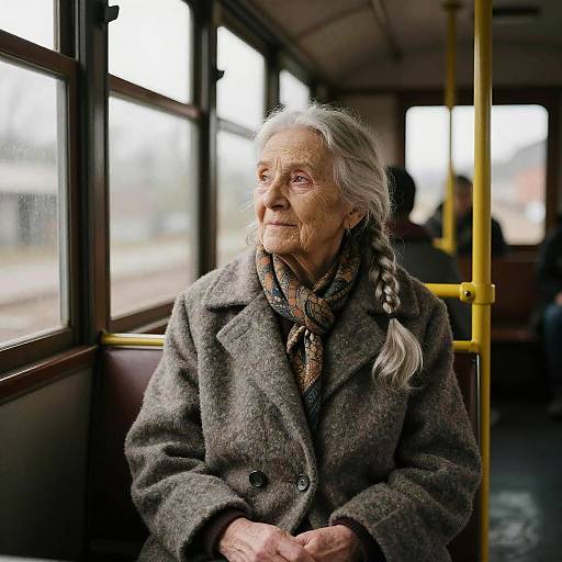 Elderly Woman on a Vintage Tram