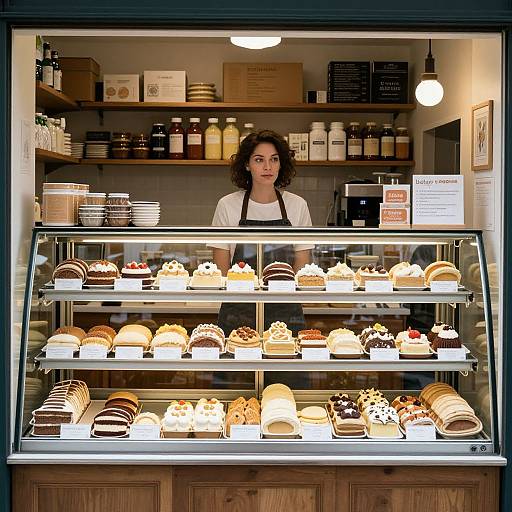Photograph of a curly-haired woman behind a glass display case in a bakery, showcasing an array of colorful, decorated pastries.
