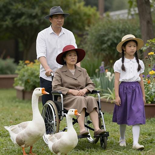 Peaceful Garden Scene with People and Geese