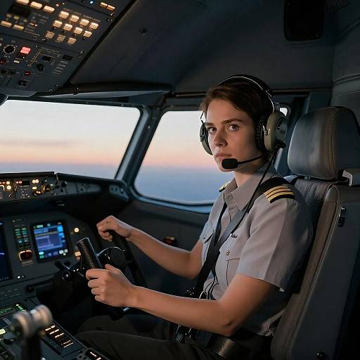Female Pilot in Dimly Lit Cockpit
