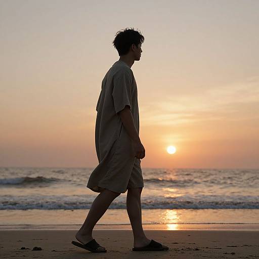 Photograph of a silhouetted man in a loose shirt and shorts walking along a beach at sunset, with the sun low on the horizon and