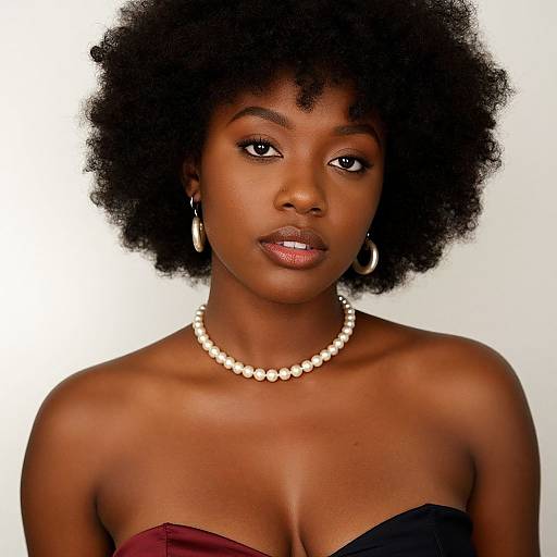 Photograph of a beautiful Black woman with a natural afro, wearing a pearl necklace, hoop earrings, and a strapless red-black top.