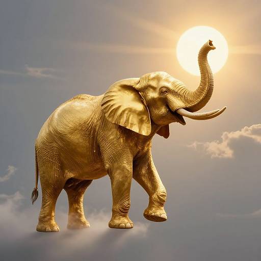 Golden elephant with raised trunk reaches for sun, standing on misty clouds, against a blue sky with soft clouds. Digital artwork.