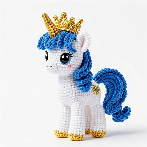 Photograph of a white, blue-maned crochet unicorn with a golden crown, blue tail, and hooves, standing on a white background.