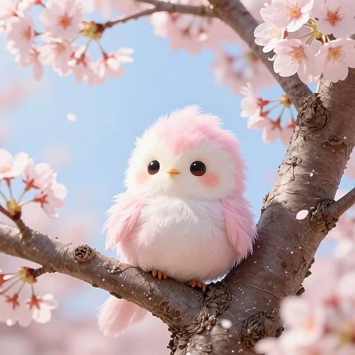 Adorable pink-and-white fluffy chickadee perched on a cherry blossom branch, surrounded by soft pink flowers and a clear blue sky.