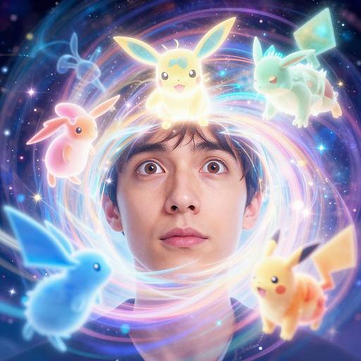 Photograph of a surprised Asian man with wide eyes, surrounded by glowing, colorful Pokémon (Pikachu, Jigglypuff) in a