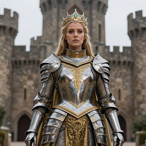 Photograph of a blonde woman with a blue-eyed gaze, wearing ornate silver and gold medieval armor and a crown, standing in front of a stone