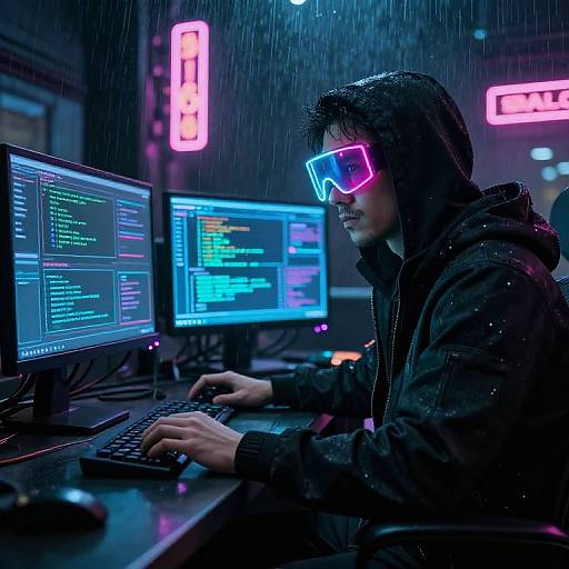 Cyberpunk scene: Rainy night, neon lights, man in dark hoodie, glowing pink VR headset, typing on dual computer monitors. Blue and