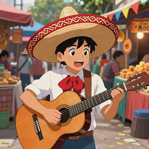 Anime Mexican Boy Playing Guitar