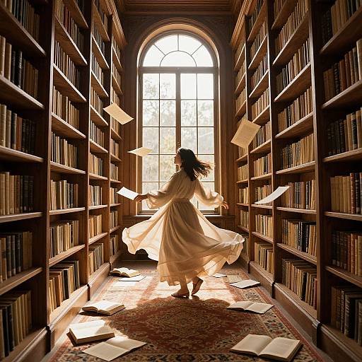 Photograph-like digital art: Silhouetted woman in flowing white dress dances through sunlit library aisle, books and papers scattered around.