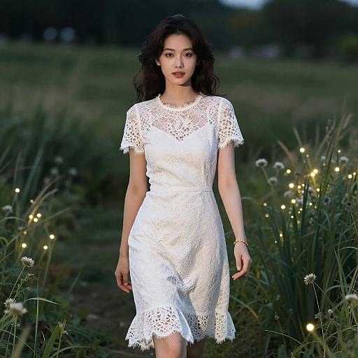 Photograph of a young woman with wavy black hair in a white lace dress, standing in a field with glowing fireflies at dusk.