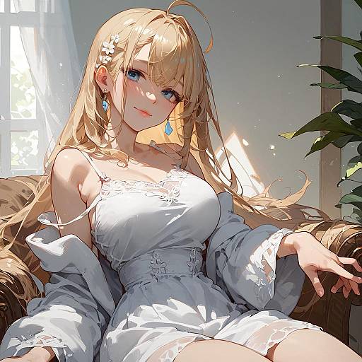 Kinomoto Sakura Sitting in White Nightdress