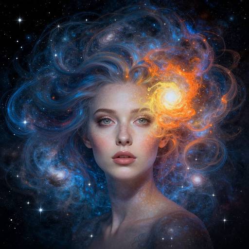 Digital art of a fair-skinned woman with glowing blue and orange cosmic hair, surrounded by stars, with a fiery orange light on her forehead.