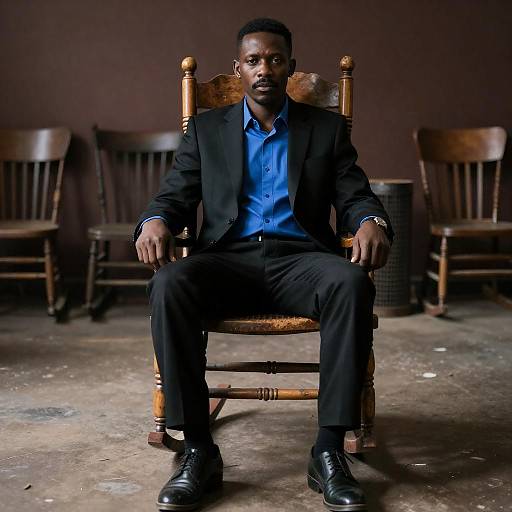 Serious Black Man in Suit Sitting on Wooden Rocking Chair
