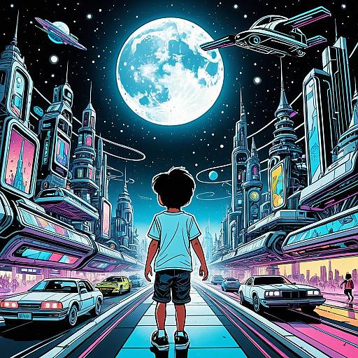 Futuristic Cityscape with Boy Under Moonlight