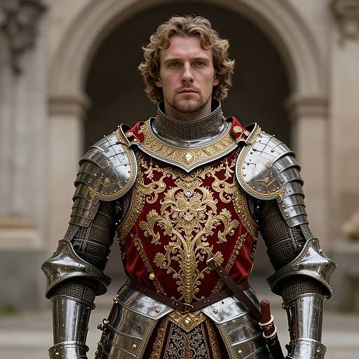Photorealistic CGI of a curly-haired, bearded man in ornate medieval armor with red and gold embroidery, standing in front of a stone arch