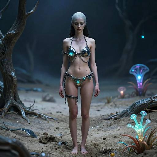 CGI fantasy scene: Pale-skinned, bald woman with glowing blue bikini, chains, standing in dark, mystical forest with glowing mushrooms and twisted trees
