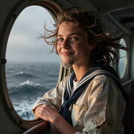 Photorealistic CGI of a smiling young man with windswept brown hair, wearing a weathered sailor shirt, standing at a ship's window,