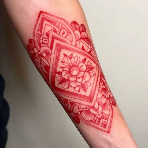 Photograph of a red floral and geometric tattoo on a forearm, featuring intricate flower patterns within a bordered design.