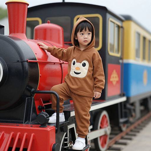 Photograph of an Asian toddler in a brown hooded onesie with a smiling snowman face, standing on a red train, with a colorful passenger
