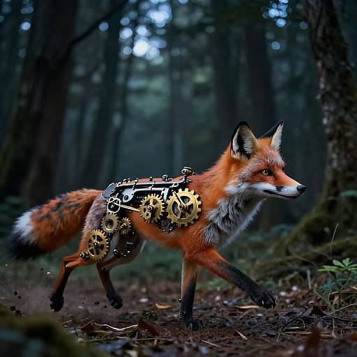Photorealistic digital artwork of a red fox with golden gear-like armor walking through a dark, dense forest, creating a fantasy-meets-nature scene
