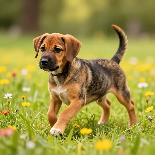 Photograph of a cute, brown and black German Shepherd puppy standing in a vibrant, sunlit meadow filled with colorful wildflowers.