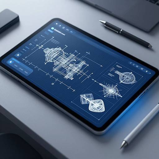 Photograph of a black tablet displaying blue technical schematics, with a black pen and silver laptop in the background.
