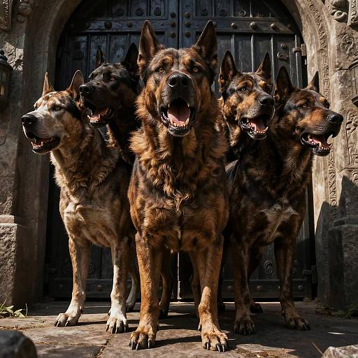 Hyper-Realistic Cerberus Guarding Gate