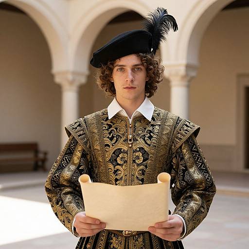 Photograph of a curly-haired young man in ornate Renaissance attire holding a parchment, standing in an arched, sunlit courtyard.