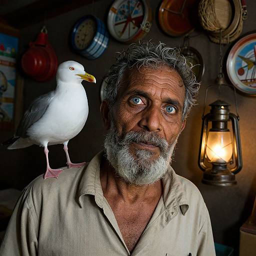 Photograph of a weathered, grey-bearded man with blue eyes, wearing a beige shirt, standing indoors with a white seagull perched