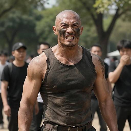 Fierce Bald Man in Muddy Park Scene