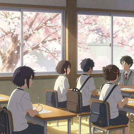 Anime-style drawing of five students in a sunlit classroom with cherry blossom trees outside, seated at desks, writing and listening.