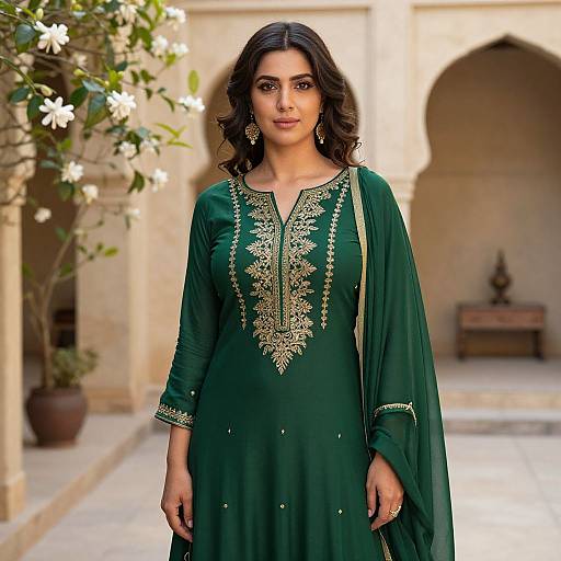 Photograph of a beautiful South Asian woman with wavy black hair, wearing an elegant green embroidered kurti, standing in a sunlit courtyard with