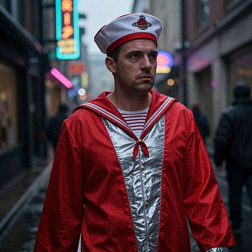 Photograph of a serious-looking man in a red sailor costume with a white sailor hat and silver center, standing on a neon-lit, rainy city
